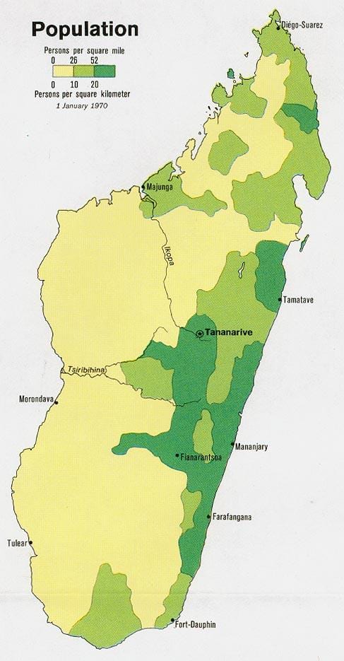 Madagascar densidade de poboación mapa