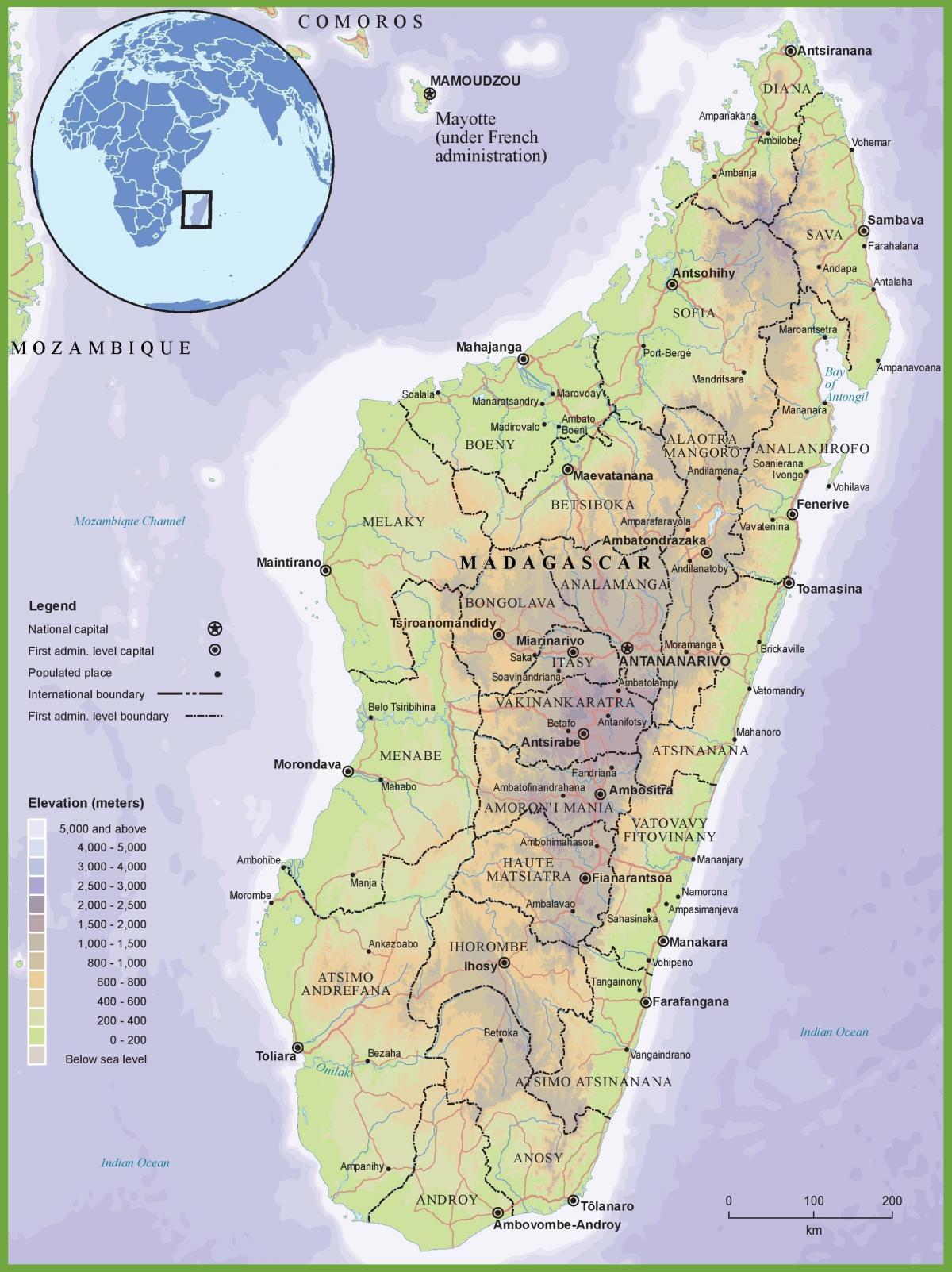mapa do mapa físico de Madagascar